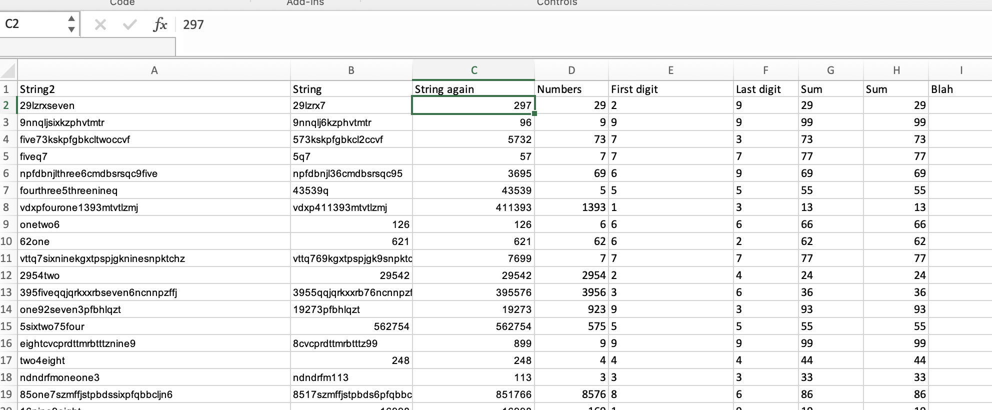 Screenshot of Excel with formulae in