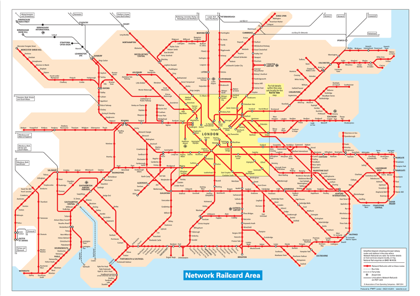 Rail map of the Network Railcard Area (SE England)