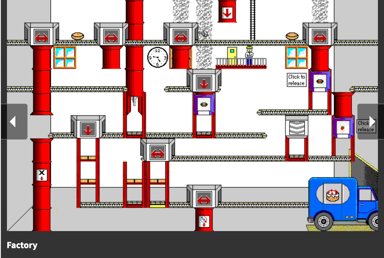 A screenshot of a early 90s shareware game with conveyer belts, tubes and holding steps inside a factory, assembling a product.