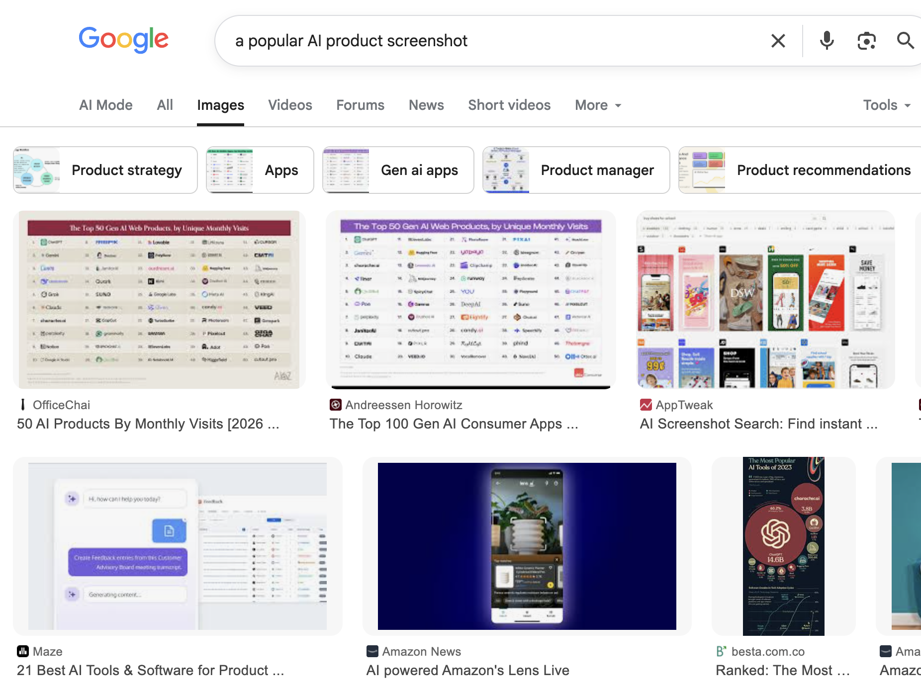 Screenshot of google search for "a popular AI product screenshot"