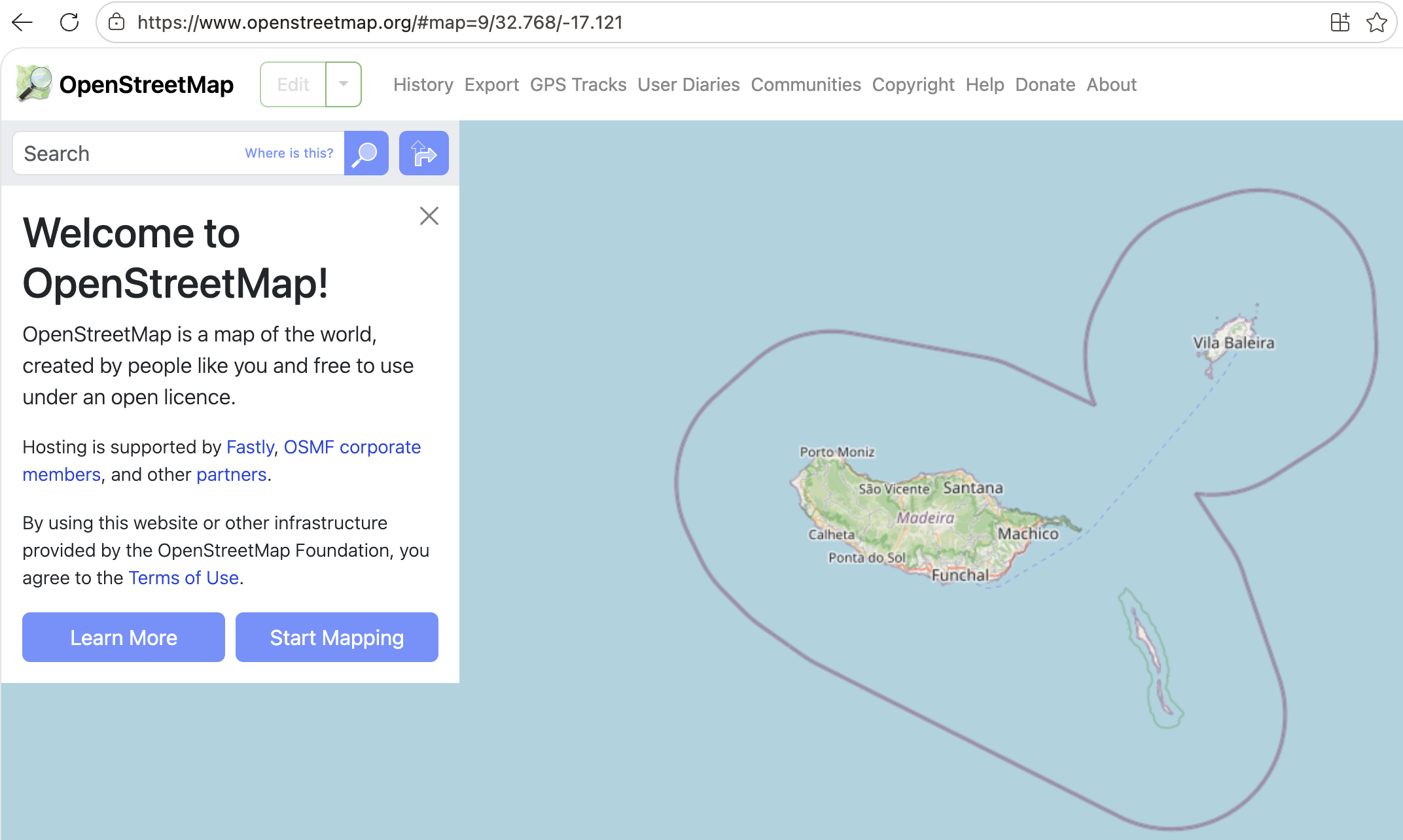 screenshot of OpenStreetMap in a browser, showing the islands Madeira and Porto Santo.