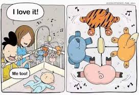 Comic showing a baby mobile, with the parents saying "they love it" contrasting with the panel showing the baby's point of view, which is a bunch of animal bottoms