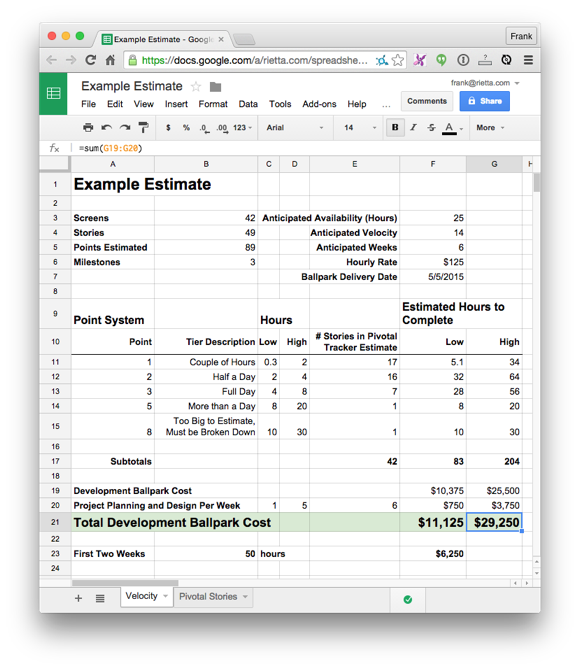 Screenshot of spreadsheet converting story points to hours of work and then money