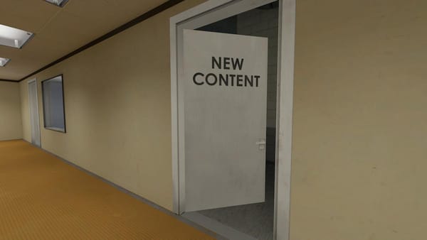 Stanley Parable screenshot - open door with the text "NEW CONTENT" on